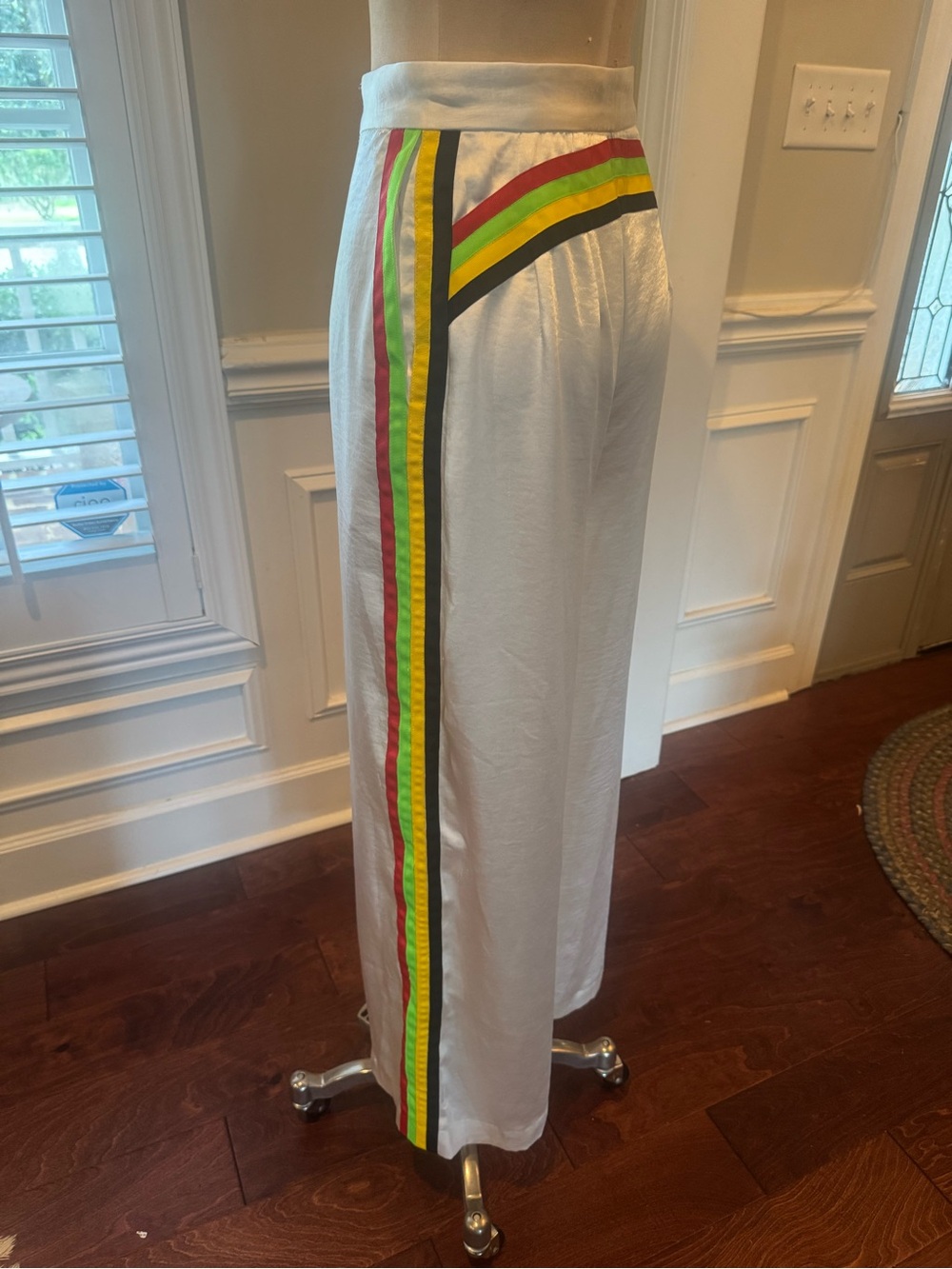House of LondonCB White Wide-Leg Trousers with Red, Yellow & Green Stripe Detail